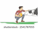 Single continuous line drawing male farmer kneel with clipboard and stroking head of cow. Weekly report notes. Ideal weight of livestock. National Farm Animals Day. One line design vector illustration