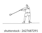 Single continuous line drawing male athlete performing a hammer throw in stadium. Powerful rotational technique, precise footwork, explosive strength. One line draw graphic design vector illustration