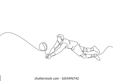 Single continuous line drawing of male young volleyball athlete player in action jumping block the ball on court. Team sport concept. Competition game. Trendy one line draw design vector illustration