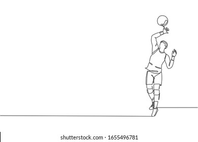 Single continuous line drawing of male young volleyball athlete player in action serve the ball on court. Team sport concept. Competition game. Trendy one line draw design vector graphic  illustration