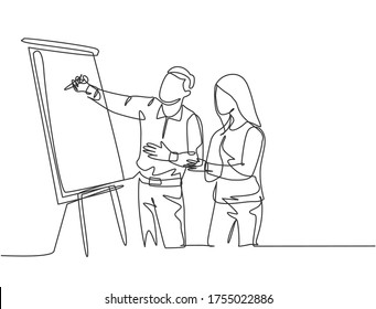 Single Continuous Line Drawing Of Male CEO Explaining Business Process To His Partner With Infographic On Flip Chart. Startup Work Meeting Concept. One Line Draw Graphic Design Vector Illustration