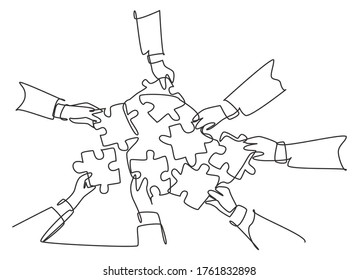 Single continuous line drawing of male and female business team members unite puzzle pieces together to one as team building symbol. Employee teamwork concept one line draw design vector illustration