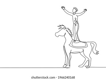 Single continuous line drawing a male acrobat performs a stunt on a circus horse by standing on the horse's back and raising his hands. Dynamic one line draw graphic design vector illustration.