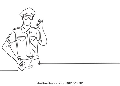 Single continuous line drawing male pilot with gesture okay and full uniform ready to fly with cabin crew in aircraft at international airport. Dynamic one line draw graphic design vector illustration