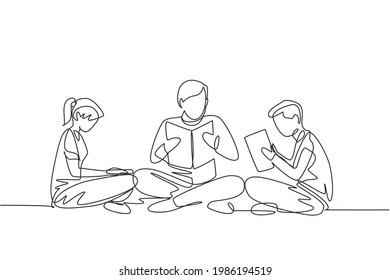 Single continuous line drawing male teacher and two students boy and girl reading, learning and sitting together. Study in library. Education concept. One line draw graphic design vector illustration