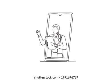 Single continuous line drawing male doctor comes out of smartphone screen holding clipboard. Online medical services, medical consultation. Dynamic one line draw graphic design vector illustration