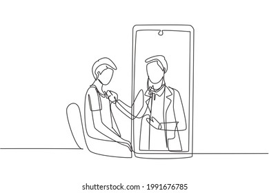 Single continuous line drawing male doctor comes out of smartphone screen and checks male patient's heart rate using a stethoscope sitting on chair. One line draw graphic design vector illustration