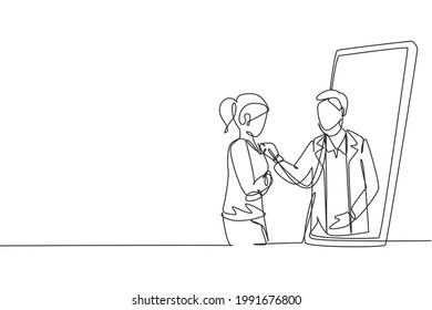 Single continuous line drawing male doctor comes out of smartphone screen and checks female patient's heart rate using a stethoscope. Online doctor. One line draw graphic design vector illustration