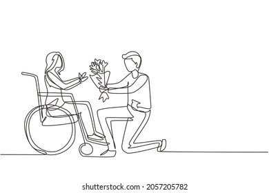 Einzelne durchgehende Linie zeichnen männlich und behindert weiblich im Rollstuhl. Der Mensch gibt der Frau einen Blumenstrauß. Betreuer, moralische Unterstützung der Familie. Rehabilitation von Behinderten. Einzeilige Zeichentechnik