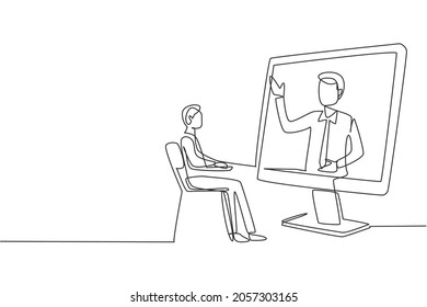 Single continuous line drawing male student sitting studying staring at giant monitor screen and inside laptop there is male lecturer who is teaching. One line draw graphic design vector illustration