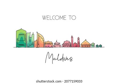 Single continuous line drawing Male skyline, Maldives. Famous city scraper landscape postcard print. World travel destination concept. Editable stroke modern one line draw design vector illustration