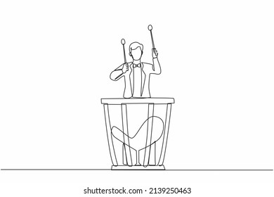 Single continuous line drawing male percussion player play on timpani. Man performer holding stick and playing musical instrument. Musical instrument timpani. One line draw design vector illustration