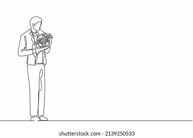 Single Continuous Line Drawing Male Musician In Suit Performing Classic Melody On French Horn. Instrumentalist Playing Music On Brass Instrument. Man With Trumpet. One Line Draw Graphic Design Vector