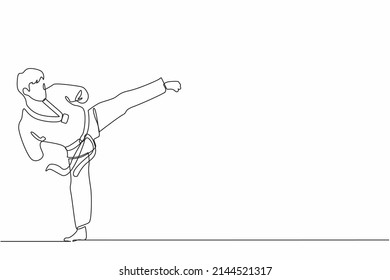 Single continuous line drawing male athlete with disability practicing taekwondo.  sportsman doing kicking pose in sport tournament. Dynamic one line draw graphic design vector illustration