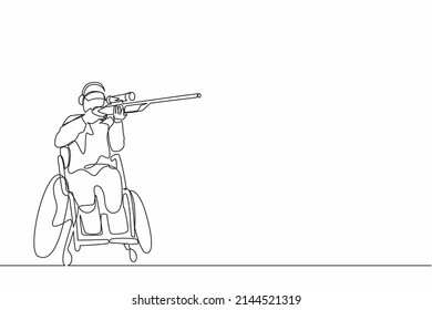 Single continuous line drawing  male athlete on wheelchair shooting sport competition with shotgun. Hobbies and interests of people with disabilities. One line draw design vector illustration