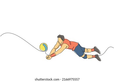 Un solo dibujo de línea continua de un jugador joven de voleibol en acción saltando a bloquear la pelota en la cancha. El concepto de deporte de equipo. Juego de la competencia. Ilustración del vector de diseño de trazas de una línea