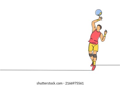 Single continuous line drawing of male young volleyball athlete player in action serve the ball on court. Team sport concept. Competition game. Trendy one line draw design vector graphic illustration