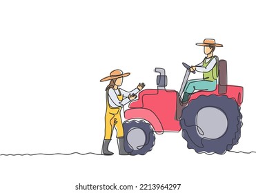 Single continuous line drawing male farmer drive a tractor to plow the fields and female farmers helped. Successful farming challenge minimal concept. One line draw graphic design vector illustration.