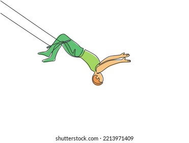 Single continuous line drawing a male acrobat performs on the trapeze with his legs hanging and head down while swinging his hand. Brave and agile. One line draw graphic design vector illustration.