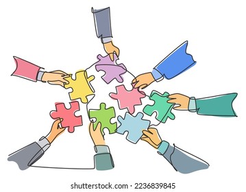 Single continuous line drawing of male and female business team members unite puzzle pieces together to one as team building symbol. Employee teamwork concept one line draw design vector illustration