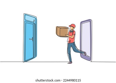Single continuous line drawing male courier comes out of the smartphone screen while carrying package box to customer's door. Online delivery service. One line draw graphic design vector illustration