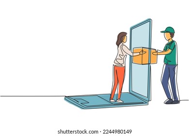 Single continuous line drawing male courier delivers box package, through laptop screen to female customer. Online delivery service concept. Dynamic one line draw graphic design vector illustration