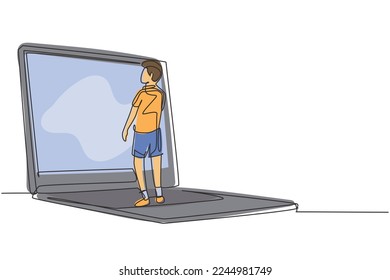 Single continuous line drawing male junior high school student writing on giant laptop screen like he was writing on whiteboard. Learning concept. One line draw graphic design vector illustration