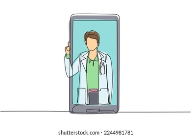 Un solo dibujo de línea continua, el doctor sale de la pantalla del smartphone mientras realiza el gesto de aprobación hacia arriba. Concepto de consultor médico en línea. ilustración vectorial de diseño gráfico de una línea dinámica