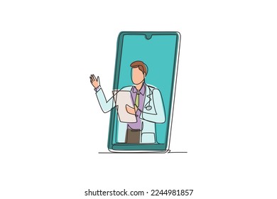 Un solo dibujo de línea continua, el doctor masculino sale de la pantalla del smartphone que contiene el portapapeles. Servicios médicos en línea, consulta médica. ilustración vectorial de diseño gráfico de una línea dinámica