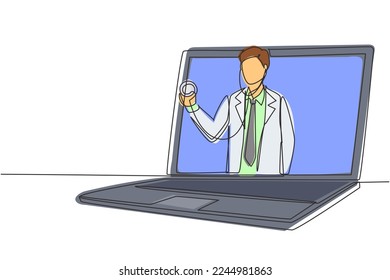 Single continuous line drawing male doctor comes out of laptop screen holding stethoscope. Online medical services, medical consultation. Dynamic one line draw graphic design vector illustration