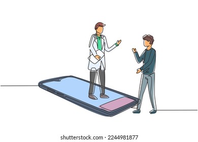Einzelne fortlaufend ziehende männliche Ärzte, die auf dem Smartphone vor seinem stehenden männlichen Patienten stehen. Online-medizinische Dienste und Beratung. Grafikdesign mit einer Linie, Vektorgrafik