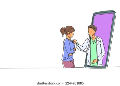 Single continuous line drawing male doctor comes out of smartphone screen and checks female patient's heart rate using a stethoscope. Online doctor. One line draw graphic design vector illustration