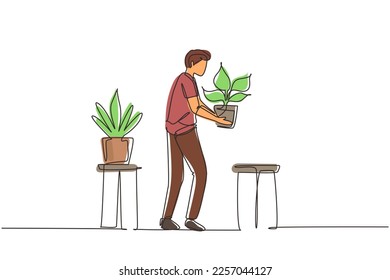 Dibujo de línea continua simple macho puso plantas verdes en el jardín de la casa de invernadero. Humanista florista trabajando, cultivando plantas de flores en ollas, botánicas. Ilustración vectorial de diseño de líneas de una línea