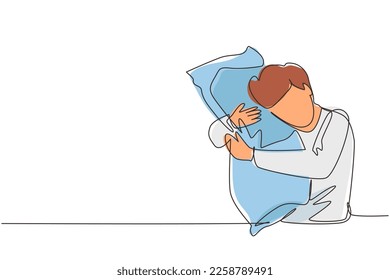 Single continuous line drawing male sleeping while hugging pillow  Activities people  Sweet dream sleep concept  Man took sleeping pill for insomnia  One line draw design vector illustration