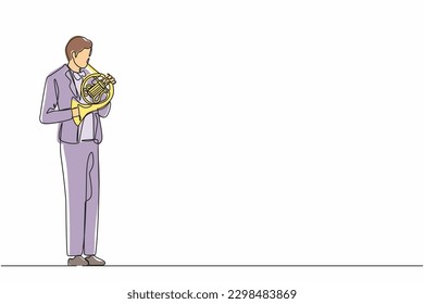 Single continuous line drawing male musician in suit performing classic melody on French horn. Instrumentalist playing music on brass instrument. Man with trumpet. One line draw graphic design vector