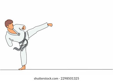 Single continuous line drawing male athlete with disability practicing taekwondo.  sportsman doing kicking pose in sport tournament. Dynamic one line draw graphic design vector illustration