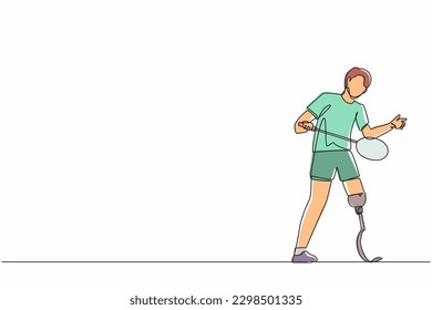 Single continuous line drawing male athlete playing badminton.  man with prosthetic leg holding racket. Person with disability performing sports activity. One line draw graphic design vector