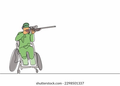 Single continuous line drawing  male athlete on wheelchair shooting sport competition with shotgun. Hobbies and interests of people with disabilities. One line draw design vector illustration