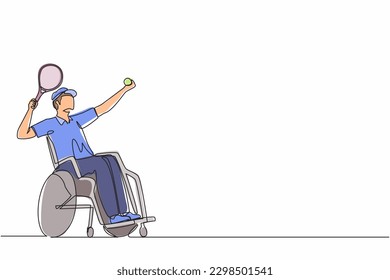 Single continuous line drawing male athlete with disability playing tennis sitting in wheelchair.  sportsman holding racket and serve the ball. One line draw graphic design vector illustration