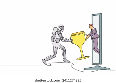 Single continuous line drawing male giving trophy to astronaut from monitor screen. Winning and achievement in spaceship competition. Cosmonaut deep space. One line graphic design vector illustration