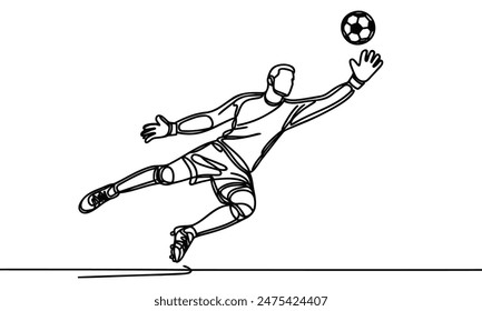 Single continuous line drawing of Male soccer player goalkeeper catching ball in jump. one line draw design graphic vector illustration.