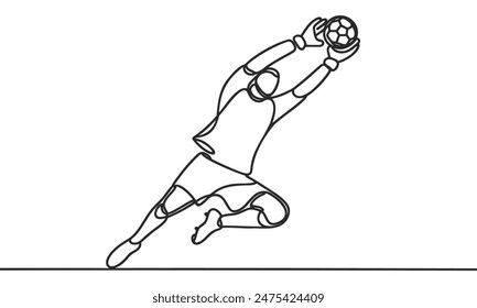 Single continuous line drawing of Male soccer player goalkeeper catching ball in jump. one line draw design graphic vector illustration.