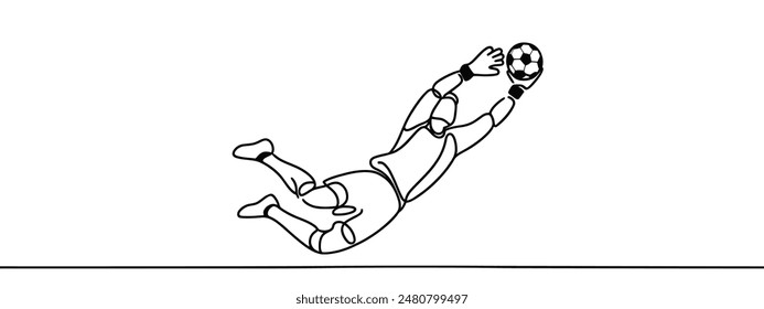 Single continuous line drawing of Male soccer player goalkeeper catching ball in jump. one line draw design graphic vector illustration