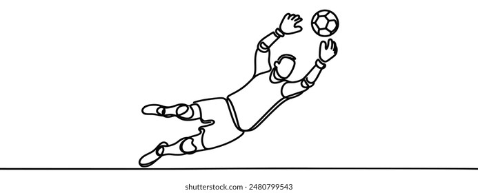 Single continuous line drawing of Male soccer player goalkeeper catching ball in jump. one line draw design graphic vector illustration