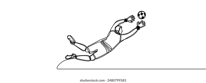 Single continuous line drawing of Male soccer player goalkeeper catching ball in jump. one line draw design graphic vector illustration