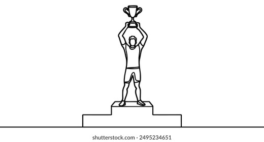 Single continuous line drawing male athlete wearing sports jersey lifting golden trophy with one hand on podium. Celebrating victory of competition. One line draw graphic design vector illustration