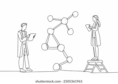 Una sola línea continua dibujando a científicos hombres y mujeres tomando notas sobre un Portapapeles. Observando cambios en la estructura atómica. Analyze. Celebra el Día de los Científicos. Ilustración vectorial de diseño de una línea