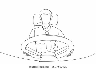 Single continuous line drawing male driver focus on holding bus steering wheel. Be safe and secure when driving. Focus on the road. Transit Driver Appreciation Day. One line design vector illustration