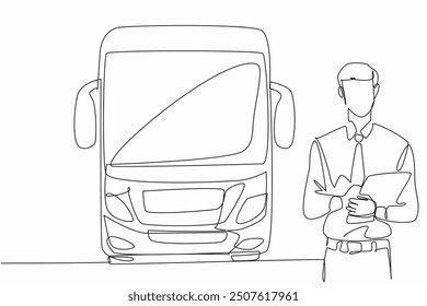 Single continuous line drawing male bus driver standing holding clipboard. Check in detail before driving. For safety passenger. Transit Driver Appreciation Day. One line design vector illustration