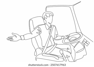 Single continuous line drawing male driver sitting on chair making welcoming gesture. Inviting passengers to board. Friendly. Transit Driver Appreciation Day. One line design vector illustration